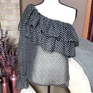 AQUA One Shoulder Ruffle Blouse - Navy Blue Polka Dot Metallic
